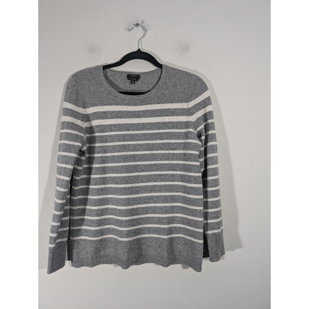 Talbots Sweater Women Sz Petite M Grey Striped 100% Cashmere Crew Neck Pullover